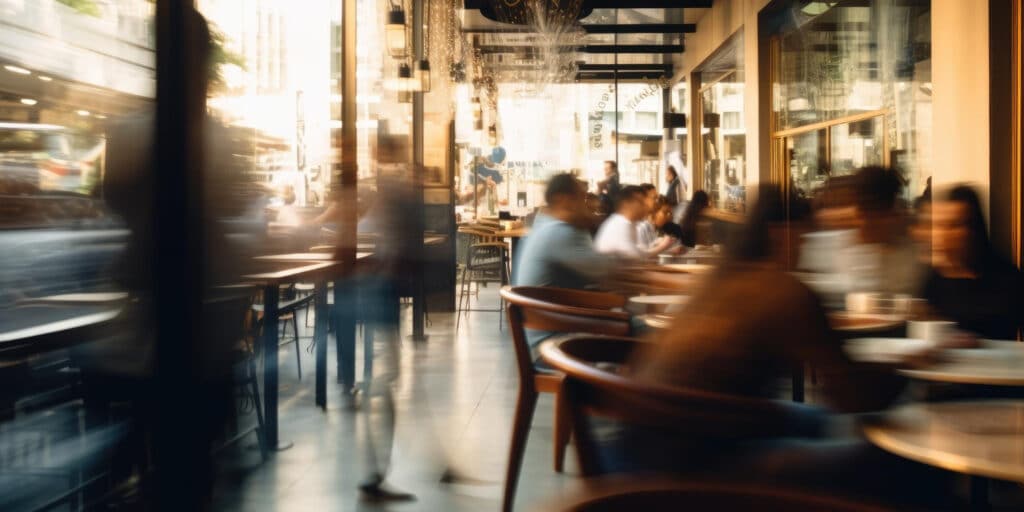 Inside a restaurant where people are walking and eating.